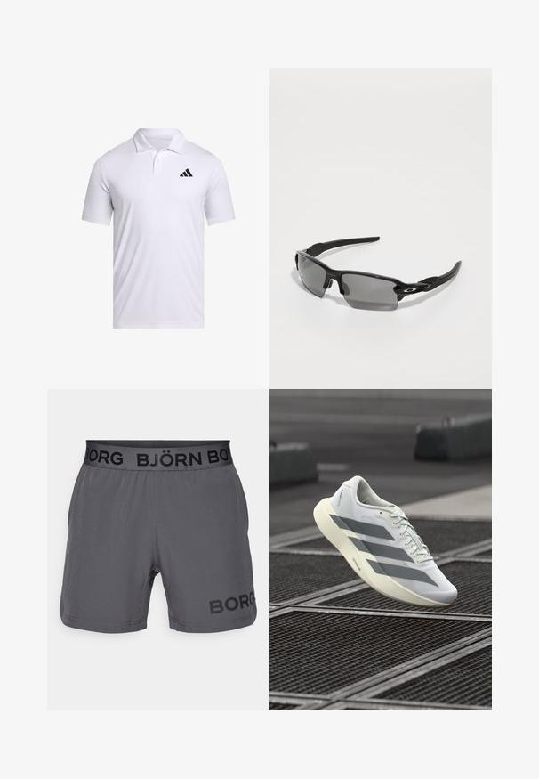 Polo blanco hecho de tela transpirable con cuello, con mangas cortas y un logo negro de Adidas en el lado izquierdo del pecho.; Shorts deportivos grises con una cinturilla elástica negra en la que está impreso "BJÖRN BORG" y "BORG" en negro en el lateral. Textura suave.; Zapato deportivo blanco con una parte superior de malla texturizada, con rayas grises y una suela acolchonada. Diseño ligero adecuado para correr.; Gafas de sol deportivas negras con lentes grises, diseño de marco curvado y detalle del logotipo en el lateral. Fabricadas en un material plástico ligero.