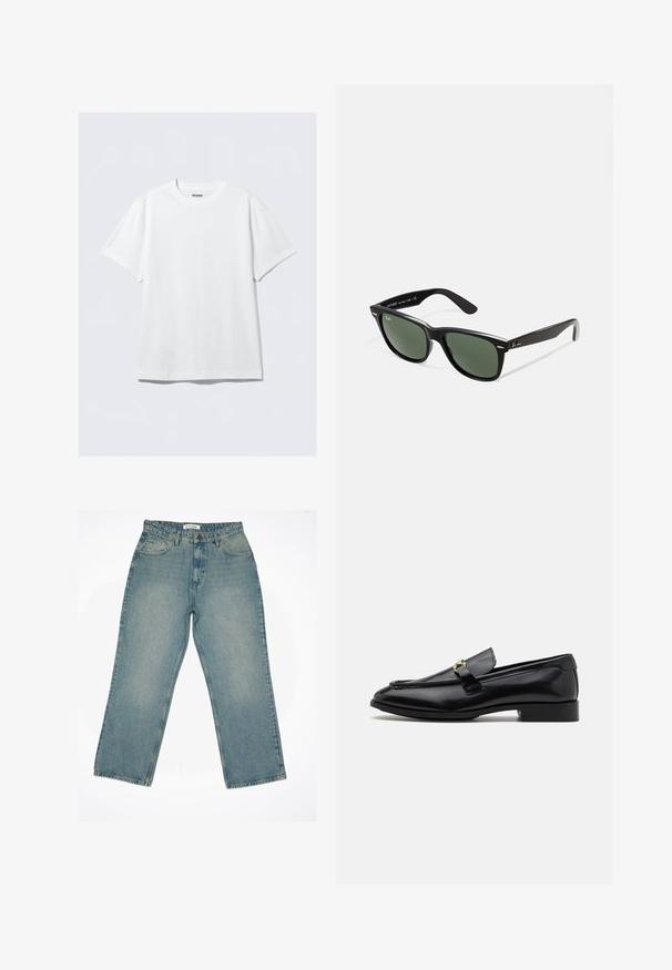 Witte korte mouwen t-shirt gemaakt van zacht katoen. Heeft een ronde hals en een ontspannen pasvorm, met een gladde textuur en een schone, onopgesmukte uitstraling.; Lichtblauwe denim jeans met een hoge taille en een wijde pasvorm. Heeft voorzakken, een rits en zichtbare stiksel-details.; Zwarte leren loafers met een ronde neus, gestikte accenten, een kleine hak en een gouden hardware-detail op de band. Glad oppervlak overal.; Zwarte plastic zonnebril met groene lenzen, vierkante montuur, zilveren accent op de wenkbrauw en een gestructureerde tempel. Merken vermeld op de binnenkant van de arm.; Set van vijf metalen ringen in verschillende breedtes. De ringen hebben een gladde, gepolijste oppervlakte en een constante zilveren kleur.