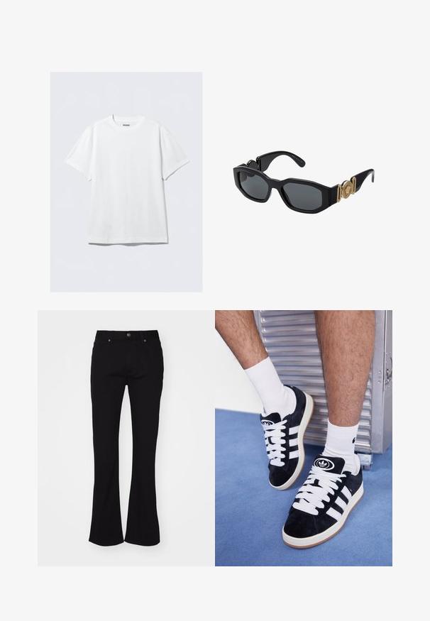 Bílý tričko s krátkým rukávem vyrobené z měkké bavlny. Má kulatý výstřih a volný střih, s hladkou texturou a čistým, nezdobeným designem.; Černé kalhoty s vysokým pasem, rozšířené od kolen, se zapínáním na přední knoflík a pěti kapsami, vystavené na bílém pozadí.; Černé semišové tenisky s bílými tkaničkami a třemi bílými pruhy. Mají kulatou černou logo na jazyku a gumovou podrážku.; Černé sluneční brýle s robustním geometrickým rámem, tmavými skly a zlatými kovovými detaily na spáncích, které mají kulatou emblémovou ozdobu.