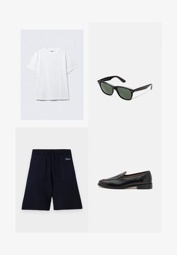 Tricou alb cu mânecă scurtă fabricat din bumbac moale. Are un guler rotund și o croială lejeră, cu o textură netedă și un design curat, fără ornamente.; Șorti bleumarin dintr-un material moale, având un elastic la talie cu șnururi, și text brodat "Viitor" aproape de vârf.; Pantofi loafers din piele neagră, cu o finisare netedă, vârf rotunjit, toc mic și fente laterale pentru a fi ușor de purtat. Prezența unui detaliu subtil cu logo pe partea din față.; Ochelari de soare din plastic negru cu lentile verzi, rame pătrate, accent argintiu pe sprânceană și brațe texturate. Marca este menționată pe brațul interior.; Set de cinci inele metalice cu lățimi variate. Inelele au o suprafață netedă, lustruită și o culoare argintie uniformă.