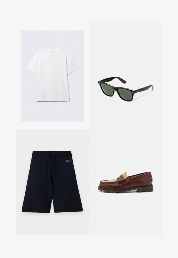 T-shirt bianco a maniche corte realizzato in cotone morbido. Presenta un collo a giro e una vestibilità rilassata, con una texture liscia e un design semplice e privo di decorazioni.; Bermuda blu navy realizzate in tessuto morbido, con cintura elastica e cordoncini, e testo ricamato "Futuro" vicino alla parte superiore.; Mocassini in pelle marrone con accentuazione in tela taupe, dettaglio cucito e suola in gomma testurizzata progettata per comfort e durata.; Occhiali da sole in plastica nera con lenti verdi, montatura quadrata, dettaglio argento sulla parte superiore e steli con texture. Marchio indicato sulla parte interna dello stelo.; Insieme di cinque anelli metallici di larghezze diverse. Gli anelli presentano una superficie liscia e lucida e un colore argento uniforme.