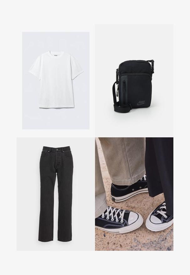 T-shirt branca de manga curta feita de algodão suave. Apresenta um decote redondo e um corte descontraído, com uma textura lisa e um design limpo e sem adornos.; Calças de ganga pretas com um design de perna reta, apresentando um fecho frontal com botão, passantes para cinto e dois bolsos laterais. Tecido texturizado.; Sapatilhas pretas de lona com biqueiras e atacadores de borracha brancos. O contraste nas costuras e os ilhós de metal acrescentam detalhe. Usadas com calças bege e tecido preto.; Bolsa crossbody preta de nylon com compartimentos com fecho, alça ajustável e detalhe de logotipo discreto na frente. Textura suave e forma retangular.