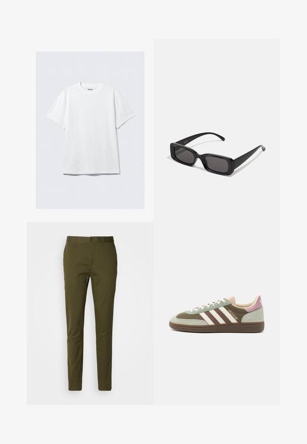 Weißes T-Shirt mit kurzen Ärmeln aus weicher Baumwolle. Es hat einen Rundhalsausschnitt und eine lockere Passform, mit einer glatten Textur und einem klaren, schlichten Design.; Olivgrüne Hosen aus glattem Baumwollstoff, mit einem Knopfverschluss, schlankem Schnitt und minimalen Nähten am Bund.; Wildleder- und Textilsneaker in grün, braun und beige mit drei weißen Streifen. Besitzt einen hellrosa Akzent an der Ferse und eine strukturierte Laufsohle.; Schwarze rechteckige Sonnenbrille mit dunklen Gläsern, glänzender Oberfläche, breiten Bügeln und einem klobigen Rahmen-Design. Gravierter Markenname auf einem Bügel.