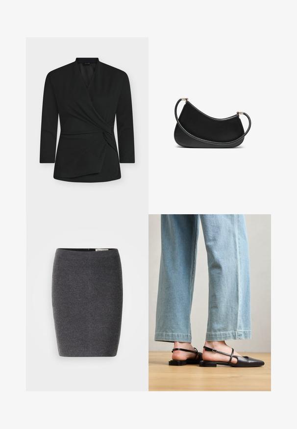 Schwarzes Wickeltop mit langen Ärmeln, aus weichem Stoff gefertigt. Verfügt über ein verdrehtes Knotendetail vorne und einen V-Ausschnitt.; Grauer Wollbleistiftrock mit glatter Textur und enger Passform, ausgestattet mit einem diskreten Bund und ohne sichtbare Verzierungen.; Schwarze Lederslingback-Schuhe mit spitzer Zehe, flachem Absatz und Knöchelriemen; getragen mit hellblauen, weit geschnittenen Jeans.; Schwarze Leder-Schultertasche mit geschwungenem Design, ausgestattet mit einem strukturierten Riemen und goldfarbenen Beschlägen am oberenverschluss. Glatte Oberfläche.; Goldschmuckset mit einer mehrschichtigen Halskette und einem Tropfenanhänger sowie passenden Ohrsteckern, alles in einem polierten Finish.
