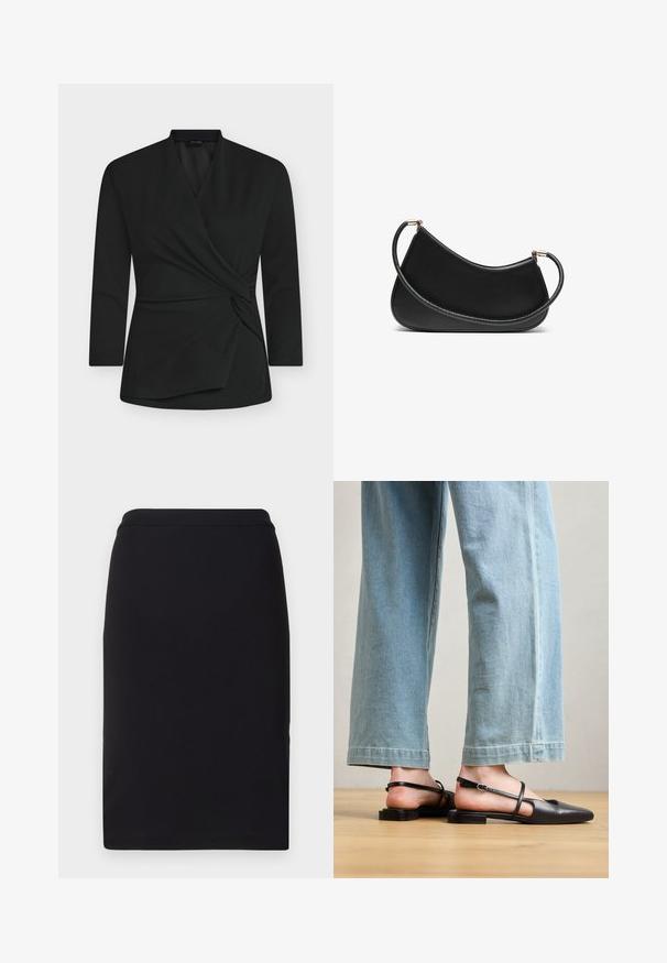 Svart omlottröja med långa ärmar, tillverkad av mjukt tyg. Har en vriden knutdetalj framtill och V-ringning.; Svart blyertskjol gjord av elastisk tyg, med en slät textur och en smal, rak design med en åtsittande midja.; Svart läder slingback-skor med spetsig tå, platt häl och ankelrem; bärs med ljusblå vida jeans.; Svart läder axelväska med en böjd design, utrustad med ett texturerat band och detaljer i guldton vid den övre stängningen. Slät yta.; Set med guldtonade örhängen med olika designer, inklusive studs, hoops och hängande delar med pärlor och rhinestones.
