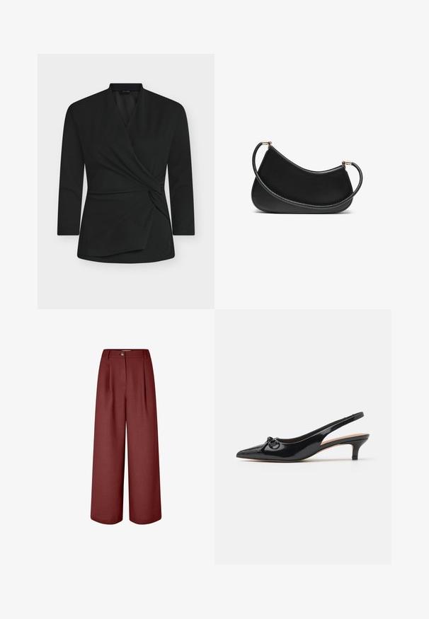 Black wrap top with long sleeves, made from soft fabric. Features a twisted knot detail in the front and a V-neck design.; Wide-leg trousers in a rich burgundy color, made of smooth fabric. Features a waistband, front pleats, and a single button closure.; Black patent leather slingback shoe with a pointed toe, small heel, and a decorative bow detail on the vamp. Smooth texture overall.; Black leather shoulder bag with a curved design, featuring a textured strap and gold-tone hardware at the top closure. Smooth finish.; Set of gold-tone earrings featuring various designs, including studs, hoops, and dangling pieces with pearls and rhinestones.
