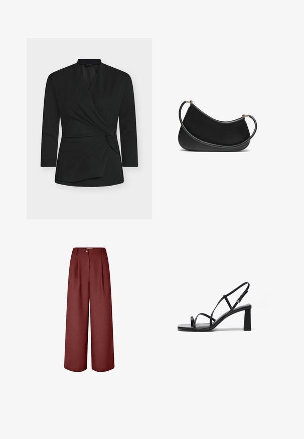 Bluza neagră tip petrecut, cu mâneci lungi, realizată dintr-un material moale. Are un detaliu de nod răsucit în față și un design cu decolteu în V.; Pantaloni evazați într-o nuanță bogată de burgund, confecționați dintr-un material neted. Au o talie, pliseuri la față și o închidere cu un singur nasture.; Sandale negre cu toc înalt, cu vârful pătrat, curele subțiri ajustabile și toc chunky. Textură de piele netedă, cu detalii minime.; Geantă de umăr din piele neagră cu un design curbat, având o curea texturată și accesorii aurii la închiderea de sus. Finish neted.; Set de cercei aurii, cu diverse designuri, inclusiv cercei tip stud, cercei hoop și cercei lungi cu perle și strassuri.