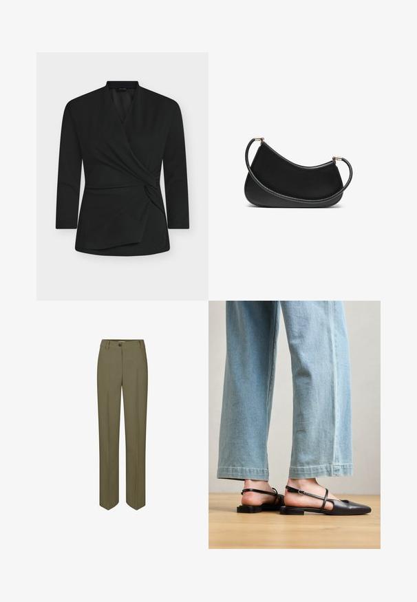 Black wrap top with long sleeves, made from soft fabric. Features a twisted knot detail in the front and a V-neck design.; Olive green tailored trousers with a straight leg, single button closure, and two front pleats, featuring a smooth, woven texture.; Black leather slingback shoes with a pointed toe, flat heel, and ankle strap; worn with light blue wide-leg jeans.; Black leather shoulder bag with a curved design, featuring a textured strap and gold-tone hardware at the top closure. Smooth finish.; Set of gold-tone earrings featuring various designs, including studs, hoops, and dangling pieces with pearls and rhinestones.
