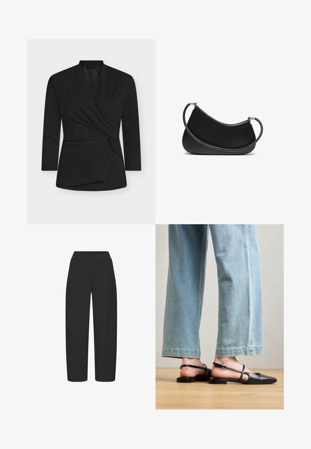 Melnā wrap top ar garām piedurknēm, izgatavots no mīksta auduma. Priekšpusē ir savērpta mezgla detaļa un V-veida izgriezums.; Melnas platajās bikses, izgatavotas no gludas, elastīgas auduma, ar augstu jostasvietu un bez redzamām detaļām vai rakstiem.; Melnas ādas puszābaki ar smailu purngalu, plakanu papēdi un potītes siksniņu; valkāti ar gaiši ziliem platjaku džinsiem.; Melnas ādas plecu soma ar izliekumu, aprīkota ar teksturētu siksnu un zelta tonētiem aksesuāriem augšējā aizdara daļā. Gluda apdare.