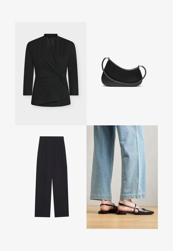 Mustast pehmest kangast pikkade varrukatega mähistüüpiga pluus. Ees on keerutatud sõlme detail ja V-kaelus.; Mustad laiad püksid, valmistatud siledast kangast, millel on voldid, tasane eesmine vöökoht ja ilma nähtavate taskute või kaunistusteta.; Must musta slingback kingad, millel on terav nina, lamedad kontsad ja pahkluu rihm; kantud helesiniste laia säärega teksadega.; Must musta õlakott, millel on kumer disain, tekstureeritud rihm ja kuldsetooniline riistvara ülemise sulgemise juures. Sile viimistlus.; Kullastusust kõrvarõngaste komplekt, mis sisaldab erinevaid disaine, sealhulgas nööpe, rõngaid ja riputatavaid tükke, millel on pärlid ja rhinestones.