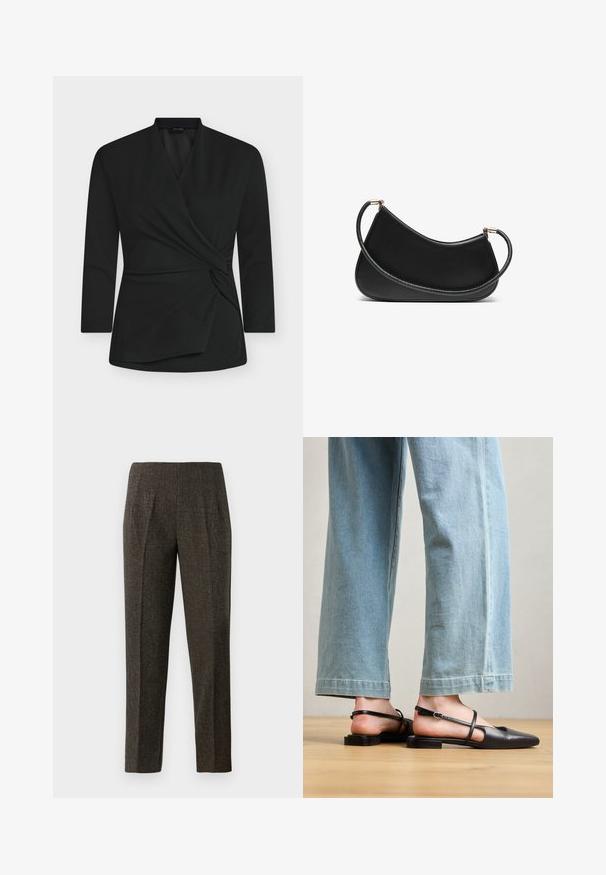 Musta kietaisupaita, jossa pitkät hihat ja pehmeä kangas. Edessä on kiertynyt solmuyksityiskohta ja V-pääntie.; Ruske kudrene hlače s prilagojenim krojem, ki imajo gubico spredaj in ravne hlačnice. Material je teksturiran in rahlo sijoč.; Mustat nahkaiset slingback-kengät, joissa on terävä kärki, litteä korko ja nilkkahihna; yhdistetty vaaleansinisiin leveälahkeisiin farkkuihin.; Mustassa nahkaolkalaukussa on kaareva muotoilu, jossa on teksturoitu olkahihna ja kultasävyinen metalliosuus yläosassa. Pintamateriaali on sileä.; Kultasetti kultaisenvärisiä korvakoruja, jotka sisältävät erilaisia muotoiluita, kuten nappikorviksia, rengaskorviksia ja roikkuvia korviksia, joissa on helmiä ja strasseja.