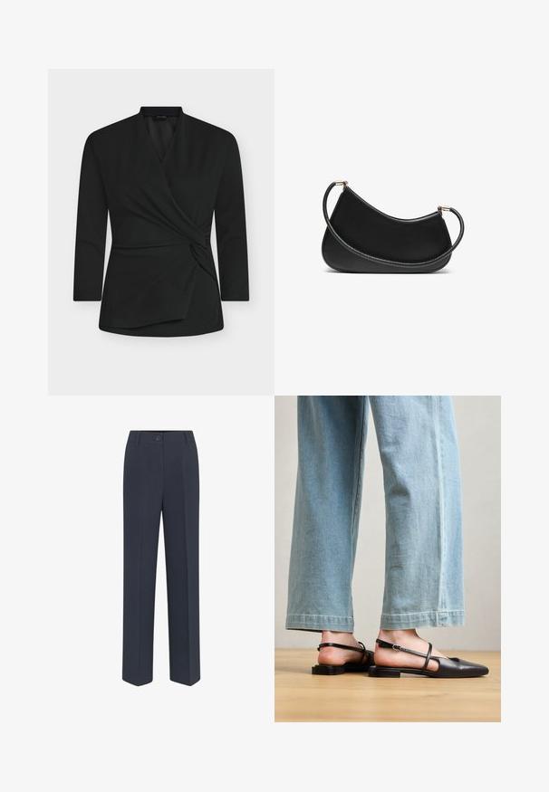 Czarna kopertowa bluzka z długimi rękawami, wykonana z miękkiego materiału. Posiada ozdobę w postaci skręconego węzła z przodu oraz dekolt w kształcie litery V.; Granatowe, dopasowane spodnie z prostymi nogawkami, z przodem zapinanym na guzik i subtelnymi liniami zagniecenia. Gładka faktura materiału.; Czarne skórzane buty na plecaku z zakończeniem w szpic, płaskim obcasem i paskiem na kostce; noszone z jasnoniebieskimi spodniami w szerokie nogawki.; Czarna skórzana torba na ramię o zaokrąglonym designie, z teksturowanym paskiem i złotymi akcentami przy górnym zapięciu. Gładkie wykończenie.; Zestaw kolczyków w kolorze złotym, zawierający różne wzory, w tym klipsy, kółka oraz zwisające elementy z perłami i cyrkoniami.
