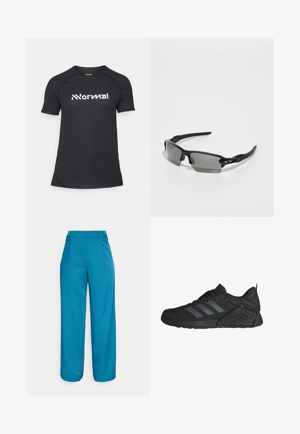 Crna majica kratkih rukava za sport s teksturiranom tkaninom i kontrastnim bijelim logotipom postavljenim na prsima. Okrugli izrez i prilagođeni kroj.; Hlače širokog kroja u vibrantnoj tirkiznoj boji, izrađene od glatkog materijala. Imaju prednje nabore, struk srednje visine i bez vidljivih džepova.; Crne atletske tenisice s mrežastim gornjim dijelom, s tri sive pruge, teksturiranim srednjim dijelom i gumenom potplatom s jedinstvenim uzorkom.; Crne sportske sunčane naočale sa sivim lećama, zakrivljenim okvirom i detaljem logotipa sa strane. Izrađene su od laganog plastičnog materijala.
