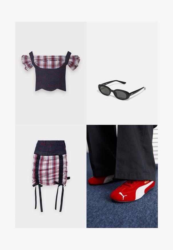 Top in denim senza spalle con maniche a balza a quadri, caratterizzato da un corpo a motivo rosso e blu e orlo scallop. Include spalline regolabili.; Gonna a quadri con vita in denim blu. Presenta pannelli laterali neri, dettagli arricciati e fiocchi neri all'orlo. Accenti di cucitura rossa.; Sneakers in camoscio rosso con accenti bianchi, caratterizzati da materiale testurizzato, punta rotonda e un logo dorato di lato, indossati con pantaloni neri.; Occhiali da sole neri con lenti ovali, montatura in plastica lucida e stecche sottili. Presentano il logo Ray-Ban in bianco sul lato.; Borsa a spalla nera in materiale sintetico con silhouette curvilinea, finitura testurizzata, logo triangolare dorato e dettagli in metallo removibili.