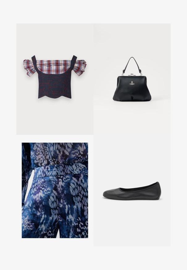 Top en denim décolleté avec des manches bouffantes à carreaux, présentant un corps à motifs rouge et bleu et un ourlet festonné. Bretelles ajustables incluses.; Tissu bleu et violet à motifs avec une texture lisse, présentant des formes abstraites et une taille ajustée. Vue en gros plan des détails du vêtement.; Ballerines en cuir noir avec un bout rond, texture lisse, détails de couture minimalistes et design de semelle flexible.; Sac à main en cuir noir avec une surface texturée, accessoires en acier inoxydable, fermeture à cliquet et une courte anse pour le porter. Design compact et structuré.