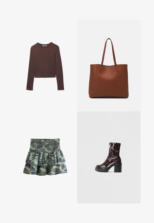 Braunes, langärmliges Cropped-Shirt aus einem weichen, glatten Stoff mit Rundhalsausschnitt und ohne sichtbare Muster oder Beschläge.; Tüllrock mit Camouflage-Muster und gerüschtem Bund, bestehend aus drei Rüschenschichten in gedämpften Grün- und Grautönen. Leichtes Material.; Glatte bordeauxrote Ankle Boots mit einem klobigen schwarzen Absatz, die eine glatte Oberfläche und ein einfaches Design aufweisen. Keine sichtbaren Verschlüsse oder Muster.; Braune Leder-Tote mit glatter Textur, offenem Oberteil und zwei Schulterriemen. Verfügt über minimale Nähte und keine sichtbaren Beschläge.