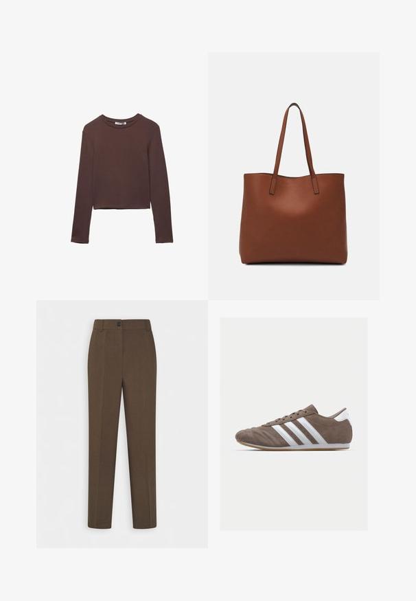Bruine langemouwen cropped shirt in een zachte, gladde stof met een ronde halslijn en zonder zichtbare patronen of hardware.; Rechtermans bruine broek met riemlussen en een enkele sluitknop aan de voorkant, weergegeven op een witte achtergrond.; Bruine suède sportschoen met witte strepen, ronde neus, vetersluiting en gumrubberen zool. Gestructureerde bovenkant met stikseldetails.; Bruine leren tote bag met een gladde textuur, een ontwerp met een open bovenkant en twee schouderbanden. Kenmerkt zich door minimale stiksels en geen zichtbare hardware.