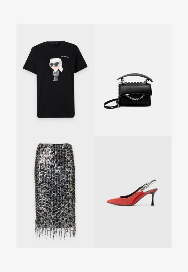 Černé bavlněné tričko s potiskem kreslené postavičky v šedé a bílé, která nosí sluneční brýle a oblek, s nápisem "KARL LAGERFELD" tištěným nad tím.; Černá sukně s flitry s přiléhavým střihem, zdobená kruhovými flitry a dekorativními třásněmi na lemu.; Červená lakovaná lodička na podpatku s špičatou špičkou, černým podpatkem a dekorativním látkovým pásem s opakujícím se logo vzorem.; Černá kožená kabelka se strukturovaným designem, s akcenty řetězu a držadla, a texturovaným povrchem. Obsahuje klopu s uzávěrem a viditelným brandingem.