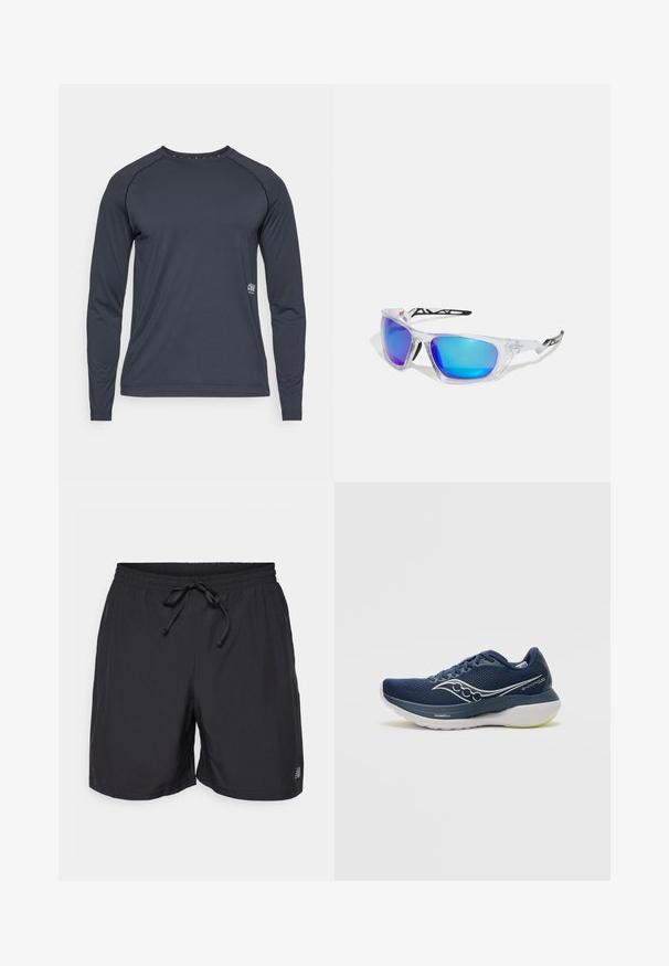 Long-sleeve shirt in dark gray, made of lightweight fabric. Features raglan sleeves and a subtle logo on the lower right. Smooth texture.; Black elastic waist shorts with an adjustable drawstring and small reflective logo on the left leg.; Navy running shoe with mesh upper, white accents, and thick sole featuring green details. Design includes logo on the side and laces.; Sports sunglasses with clear frames, blue and purple mirrored lenses, angular design, and black accents on the temples.