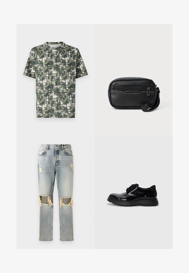 Lyhythihainen t-paita pehmeästä kankaasta, jossa on palmun kuva. Hallitsevat värit ovat vihreä ja beige, rento istuvuus ja pyöreä pääntie.; Vaaleansiniset farkut, joissa on rento istuvuus. Farkuissa on kuluneita kohtia ja revittyjä aukkoja polvissa. Klassinen viiden taskun muotoilu.; Mustat nahkaiset nauhaketjut kengät, joissa on sileä pinta, kestävä kumipohja ja pyöreä varvas. Varustettu silmukoilla nauhoja varten ja hienovaraisella brändäyksellä.; Mustan nahkainen olkalaukku vetoketjukiinnityksellä, teksturoidulla pinnalla ja hopeasetillä yksityiskohdilla. Edessä "Armani Exchange" -logo.