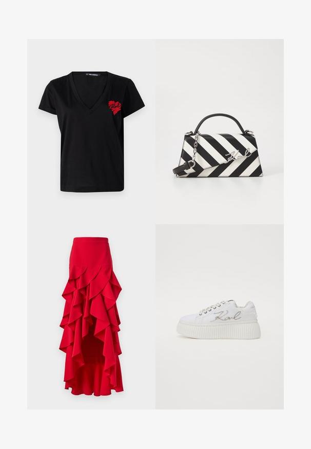 Černé bavlněné tričko s V-výstřihem a krátkými rukávy, které má na levé straně hrudi vyšitý červený design srdce. Klasický střih.; Červená volánková sukně s asymetrickým lemováním. Má vrstvené volány kolem pasu a po stranách, vyrobená z hladkého materiálu. Elastický pas.; Bílé plátěné sneakers s rýhovanou platformou, s kovovým výšivkou "Karl" po straně a šněrováním.; Černo-bílá pruhovaná kabelka se strukturovaným tvarem, vybavená horní rukojetí, odnímatelným řetízkem a kovovým logem.