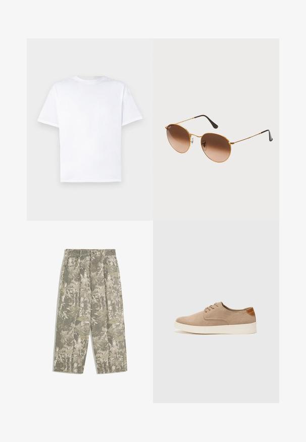 Biała bawełniana koszulka z okrągłym dekoltem i krótkimi rękawami. Gładka faktura, prosty krój, bez wzorów i akcentów. Widok z tyłu.; Spodnie cargo z szerokimi nogawkami w zielono-beżowym kamuflażu z wzorem liści i kory, z przednimi kieszeniami i szlufkami na pasek.; Beżowe zamszowe sneakersy z okrągłym noskiem, sznurowanym przodem i teksturowanym akcentem na tyle. Biała gumowa podeszwa tworzy kontrast. Prosty i nowoczesny design.; Złote metalowe okulary przeciwsłoneczne z okrągłymi oprawkami, gradientowymi brązowymi soczewkami i czarnymi akcentami na ramionach. Lekkie, o minimalistycznej estetyce.