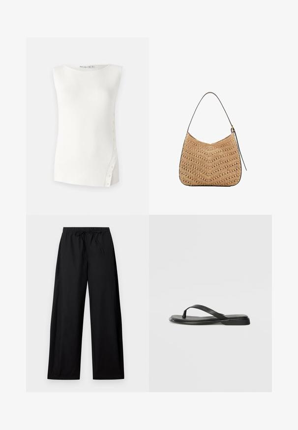 Bijela majica bez rukava od rebraste tkanine, sa zaobljenim izrezom i malim dugmadima uz lijevi bočni šav kao detalj.; Crne hlače širokih nogavica s elastičnim pojasom i vezicom. Napravljene od laganog materijala, imaju glatku teksturu i jednostavan dizajn.; Crne japanke od glatke kože, s tankim remenčićem i ravnim potplatom minimalističkog profila. Bez značajnih uzoraka ili akcenata.; Tkana torba od slame s zakrivljenim oblikom, s tamnom kožnom trakom i teksturiranom površinom s chevron uzorkom.