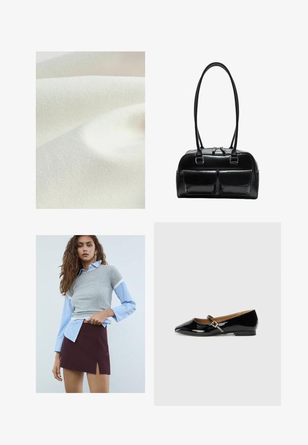 Textilný materiál v krémovej farbe, s hladkým, mierne textúrovaným povrchom a jemnými záhybmi, vykazujúci jemný, rovnomerný vzhľad.; Mladá žena s dlhými vlnitými vlasmi, ktorá má na sebe hviezdicové náušnice, modrú pruhovanú košeľu so šedým krátkym sveterom a bordovú sukňu s predným rozparkom.; Čierne lakované baleríny s špicatou špičkou, remienkom okolo členka s zlatým prackou a nízkym blokovým podpätkom. Hladký, lesklý povrch.; Čierna kožená kabelka s dvoma prednými vreckami, dvojitými uchami a zipsom na vrchu. Hladký povrch a zaoblený tvar.