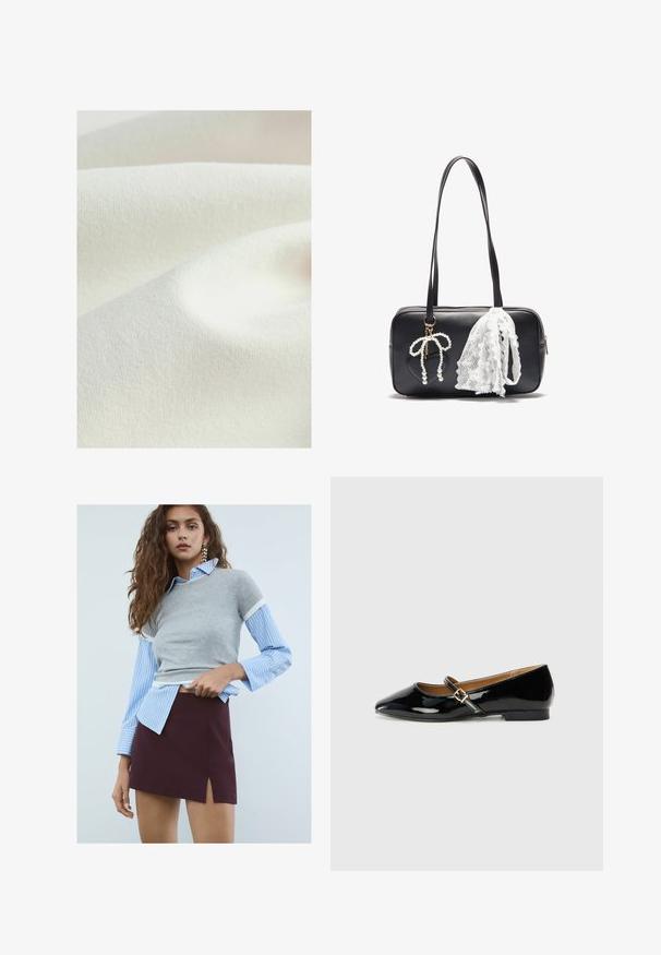 Tekstilni materijal u krem boji, s glatkom, blago teksturiranom površinom s mekano naborima, prikazuje suptilan, ujednačen izgled.; Mlada žena s dugom valovitom kosom, nosi naušnice u obliku zvijezda, plavu prugastu košulju s kratkim sivim džemperom i tamnocrvenu suknju s prednjim prorezom.; Crne lakirane ravne cipele s špičastim prstom, remenom oko gležnja s zlatnim kopčom i niskom blok petom. Glatka, sjajna završna obrada.; Even&Odd Ručna torba - black