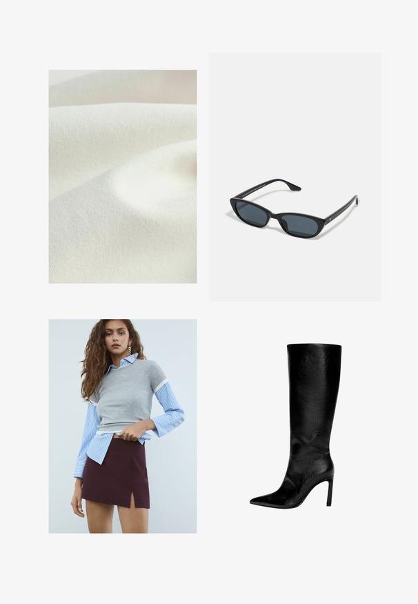 Matériau textile dans une teinte crème, présentant une surface lisse légèrement texturée avec des plis doux, affichant une apparence uniforme et subtile.; Jeune femme aux longs cheveux ondulés, portant des boucles d'oreilles en étoile, une chemise à rayures bleues avec un pull gris à manches courtes, et une jupe bordeaux avec une fente à l'avant.; Botte en cuir noir montée jusqu'au genou, avec un bout pointu, un talon aiguille haut, une finition lisse et un design simple et épuré sans ornements.; Lunettes de soleil noires en forme de chat avec des verres sombres, monture en plastique, branches fines et un branding subtil sur l'intérieur des branches. Fini mat.; Sac à main en cuir noir avec deux poches avant, deux poignées et une fermeture zippée en haut. Texture lisse et forme arrondie.