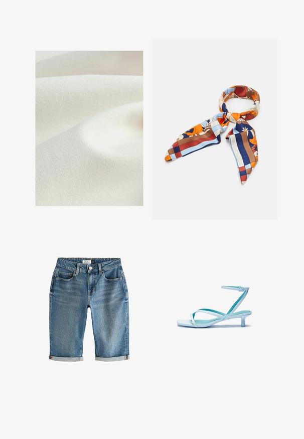 Tekstilni materijal u krem boji, s glatkom, blago teksturiranom površinom s mekano naborima, prikazuje suptilan, ujednačen izgled.; Plavi traper hlače do koljena s preklopom na rubu, pet džepova i metalnim kopčanjem. Tkanina ima blago izbljeđeni izgled.; Svijetloplave sandale s remenčićima, kvadratnog oblika za prste, niskom potpeticom, podesivim remenom oko gležnja i glatkim, sjajnim završetkom. Prekriženi remenčići na ulošku.; Svila marama s raznobojnim cvjetnim i geometrijskim uzorkom u nijansama narančaste, plave, smeđe i krem. Trokutasti krajevi s glatkom teksturom.