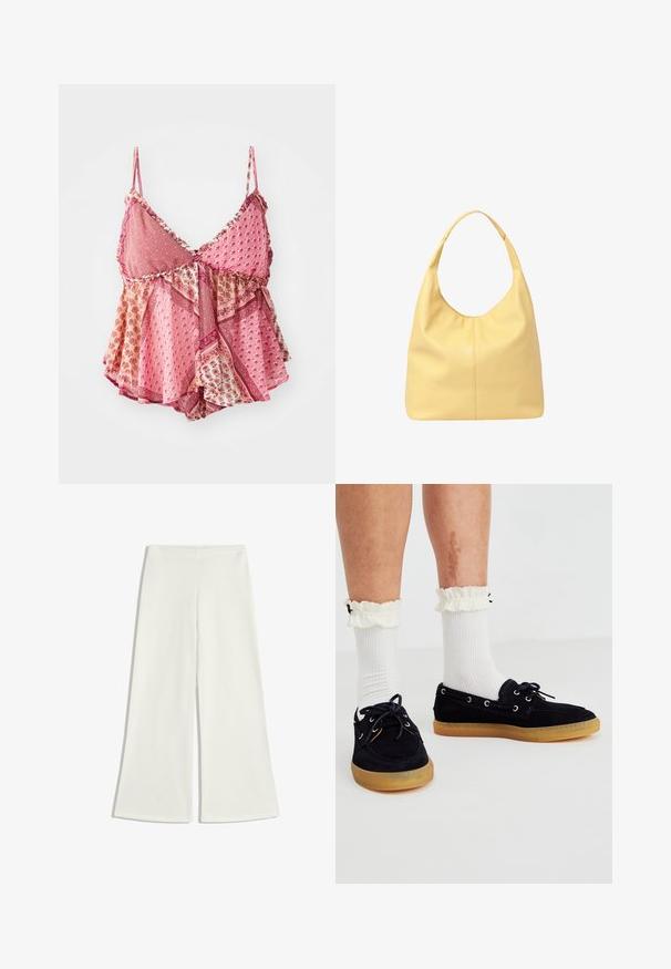 Rosa gemusterte Bluse mit verstellbaren Trägern, V-Ausschnitt, geschichteten Rüschen und dekorativem Besatz mit floralen und geometrischen Designs.; Weiße, weit geschnittene Hosen aus glattem Stoff. Sie haben eine hohe Taille und keine sichtbaren Nähte, was eine klare Silhouette schafft.; Marineblaue Wildlederschuhe für Boote mit Gummisohlen, ausgestattet mit silbernen Ösen und Schnürsenkeln. Kombiniert mit weißen gerippten Socken und Rüschendetails an den Bündchen.; Gelbe Leder-Hobo-Tasche mit einem gebogenen Griff, weicher Textur und dezenten Nahtdetails auf der Vorderseite, die ein geräumiges Design bietet.