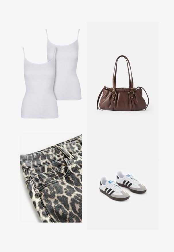 Două topuri albe tip camisole cu bretele subțiri, realizate dintr-un material neted, având un design ajustat, fără mâneci și într-o culoare simplă, uni.; Jeans cu imprimeu animal, cu un model bej și negru, realizate din denim cu un finisaj texturat, detaliate cu hardware argintiu și cusături.; Încălțăminte sport cu un superior din piele albă, vârf din suede gri și trei dungi negre. Prezintă un logo albastru pe limbă și o talpă din cauciuc texturat.; Geantă de piele maro cu două mânere lungi, design strâns, accente din metal auriu și finisaj texturat.