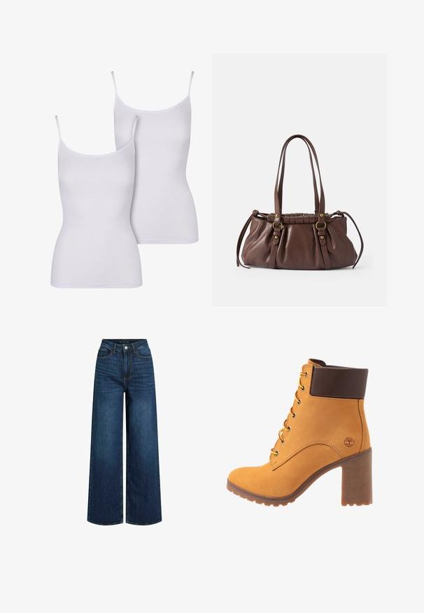 Dva bijela topa s tankim trakama, izrađena od glatke tkanine, s prilagođenim, bez rukava dizajnom i jednostavnom, jednobojnom bojom.; Široke traperice od tamnoplave denima s visokim strukom, s patentnim zatvaračem, prednjim džepovima i vidljivim šavovima.; Smeđu nubuk čizmicu do gležnja s smešnim kožnim okovratnikom, žutim i crvenim vezicama i debelim smešnim potplatom. Ima oznaku drveta s strane.; Smeđa kožna torba s dva dugačka ručka, nabranog dizajna, zlatnim akcentima od metala i teksturiranom završnom obradom.