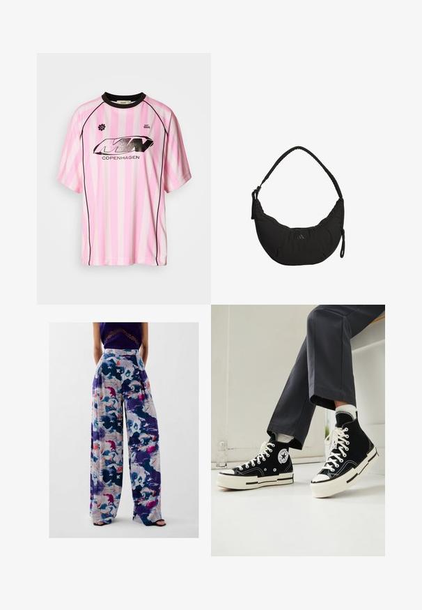 Pink und weiß gestreiftes Kurzarm-Jersey mit schwarzen Akzenten, das ein glänzendes schwarzes Logo mit der Aufschrift "KOPENHAGEN" und einem Blümchenemblem zeigt.; Hochtaillierte, weit geschnittene Hosen mit einem bunten abstrakten Muster in verschiedenen Tönen von Lila, Blau, Rosa und Weiß sowie einem plissierten Design.; Schwarze Canvas-Hochschaft-Sneaker mit einer Gummispitze, weißen Schnürsenkeln und Converse-Logo-Patch. Mit kontrastierender weißer Sohle und Nähten.; Schwarze Schultertasche mit kurvigem Design, gepolstertem Stoff, verstellbarem Schultergurt und dezentem Logo. Verfügt über ein Reißverschlussfach und strukturierte Akzente.