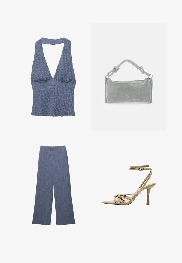 Kék textúrájú crop top, mély V-nyakkal és széles pántokkal, enyhén gyűrött megjelenésű szőtt anyagból készült.; Kék textúrált, bő szárú nadrág ribbelt mintával, magas derékkal és laza szabással, alkalmas mindennapi viseletre.; Beige, velúr magassarkú szandál, hegyes orral, csavart pántokkal és állítható bokapánttal. Texturált sarok függőleges barázdákkal.; Ezüst metál hálós kézitáska, csomózott fogantyúval, téglalap alakú, texturált felülettel és cipzáros záródással. Egyszerű, modern dizájn, minimális kiegészítőkkel.