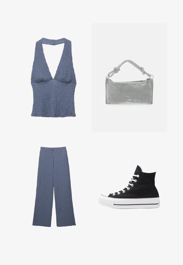 Blauw gestructureerd crop-top met een diepe V-hals en brede banden, gemaakt van een geweven stof met een licht gekreukt uiterlijk.; Blauwe textuur wijde broek met een ribbelpatroon, voorzien van een hoge tailleband en een losvallende pasvorm, geschikt voor casual gebruik.; Hoge zwarte canvas sneaker met witte oogjes, veters en rubberen zool. Beschikt over een gestructureerde neuskap en zwart-witte streepaccenten.; Zilveren mesh handtas met een geknoopte handgreep, rechthoekige vorm, gestructureerd oppervlak en ritsluiting. Eenvoudig, modern ontwerp met minimale accenten.