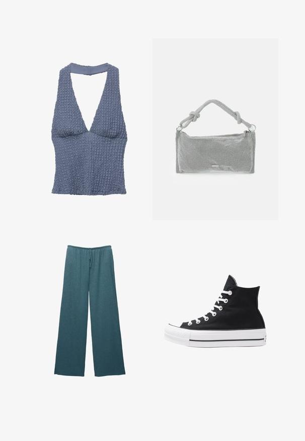 Blaues strukturiertes Cropped-Top mit tiefem V-Ausschnitt und breiten Trägern, aus einem gewebten Stoff mit leicht zerknittertem Aussehen gefertigt.; Türkisfarbene Weitbein-Hosen aus strukturiertem Strickstoff, mit einem elastischen Bund und einer Kordel zum Verstellen.; Schwarze High-Top-Canvas-Sneaker mit weißen Ösen, Schnürsenkeln und Gummisohle. Verfügt über eine strukturierte Zehenkappe und schwarz-weiße Streifenakzente.; Silberne Netz-Handtasche mit einem geknoteten Griff, rechteckiger Form, strukturiertem Oberflächen und Reißverschluss. Einfaches, modernes Design mit minimalen Akzenten.