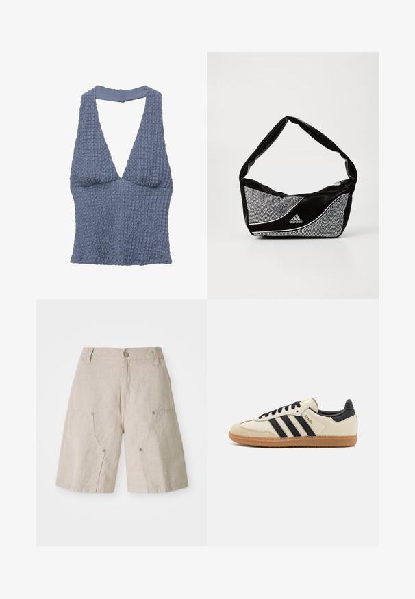 Plavi teksturirani crop top s dubokim V-izrezom i širokim trakama, izrađen od tkanine s lagano naboranim izgledom.; Bež lanene kratke hlače s opuštenim krojem, s dva prednja džepa i okruglim metalnim detaljima. Ležeran dizajn s teksturiranim završetkom.; Bež sportski cipela s crnim prugama, gumeni potplat i crni dodaci. Ima glatku kožnu gornju stranu i dizajn s zaobljenim vrhom.; Crna i srebrna adidas torba s glatkom teksturom, koja sadrži sjajni uzorak s umetnutim dugmadi i prepoznatljivim zakrivljenim dizajnom.
