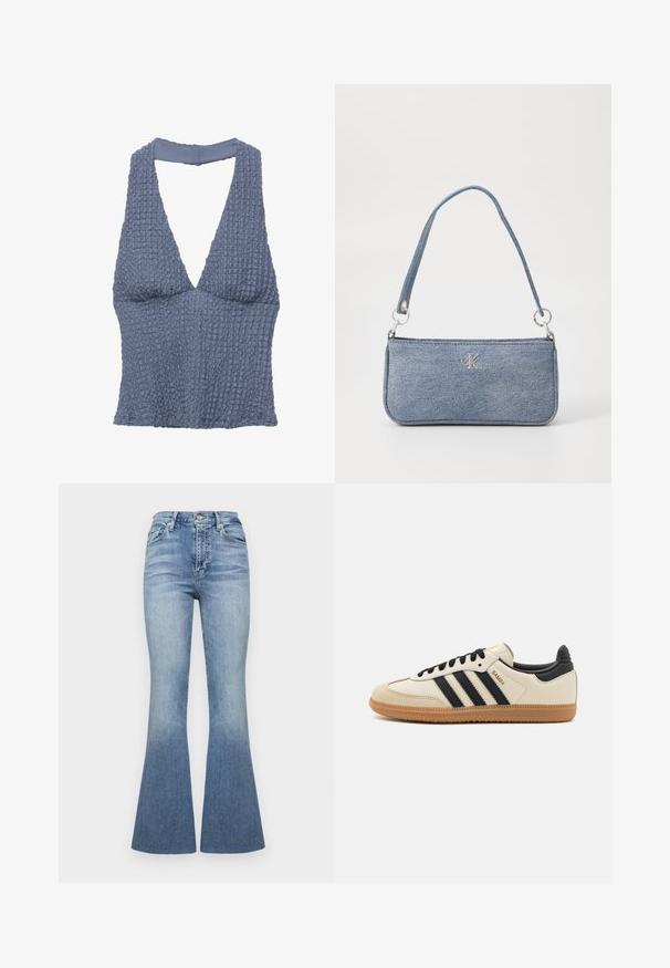 Niebieski teksturowany top typu crop z głębokim dekoltem w kształcie litery V i szerokimi ramiączkami, wykonany z tkaniny plecionej o lekko pomarszczonym wyglądzie.; Jeansy z wysokim stanem, rozszerzane w dolnej partii, w jasnoniebieskim denimu z efektem gradientu. Posiadają pięć kieszeni oraz zapięcie na guziki z przodu.; Beżowe buty sportowe z czarnymi paskami, gumową podeszwą i czarnymi akcentami. Posiadają górną część z gładkiej skóry oraz okrągły kształt noska.; Denimowa torebka w jasnoniebieskim kolorze, prostokątna, z pojedynczym paskiem i srebrnymi elementami. Z przodu widoczna wyraźna logo CK.