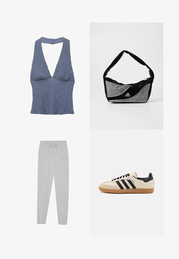 Niebieski teksturowany top typu crop z głębokim dekoltem w kształcie litery V i szerokimi ramiączkami, wykonany z tkaniny plecionej o lekko pomarszczonym wyglądzie.; Szare dresowe spodnie o miękkiej fakturze, elastycznym pasie i detalach ze sznurkiem. Zwężana nogawka w casualowym kroju.; Beżowe buty sportowe z czarnymi paskami, gumową podeszwą i czarnymi akcentami. Posiadają górną część z gładkiej skóry oraz okrągły kształt noska.; Czarna i srebrna torba adidas o gładkiej fakturze, z błyszczącym wzorem z ćwieków i charakterystycznym, zakrzywionym kształtem.