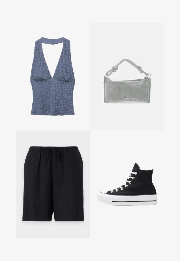 Kék textúrájú crop top, mély V-nyakkal és széles pántokkal, enyhén gyűrött megjelenésű szőtt anyagból készült.; Fekete rövidnadrág könnyű anyagból, gumis derékrésszel és húzózsinórral. Egyszerű dizájnnal és térdhosszú szabással rendelkezik.; Fekete vászon magas szárú sneaker, fehér fűzőkkel és gumitalppal. Texturált orr-rész és fekete-fehér csíkos kiegészítők jellemzik.; Ezüst metál hálós kézitáska, csomózott fogantyúval, téglalap alakú, texturált felülettel és cipzáros záródással. Egyszerű, modern dizájn, minimális kiegészítőkkel.