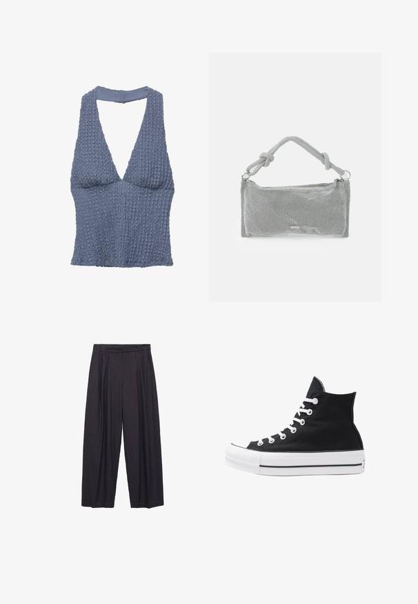 Top scurt texturat albastru, cu decolteu adânc în V și bretele late, realizat dintr-un material țesut cu un aspect ușorșifonat.; Pantaloni largi dintr-un material de culoare albastru închis, cu dungi verticale subtile, având închidere cu nasture și un talie bine definită.; Tenisi negri înalți din pânză, cu ochiuri și sireturi albe, precum și talpă din cauciuc. Dispune de un capac texturat pentru degetul mare și accente în dungi alb-negru.; Geantă din plasă argintie cu un mânere legat, formă rectangulară, suprafață texturată și închidere cu fermoar. Design simplu și modern, cu accente minime.