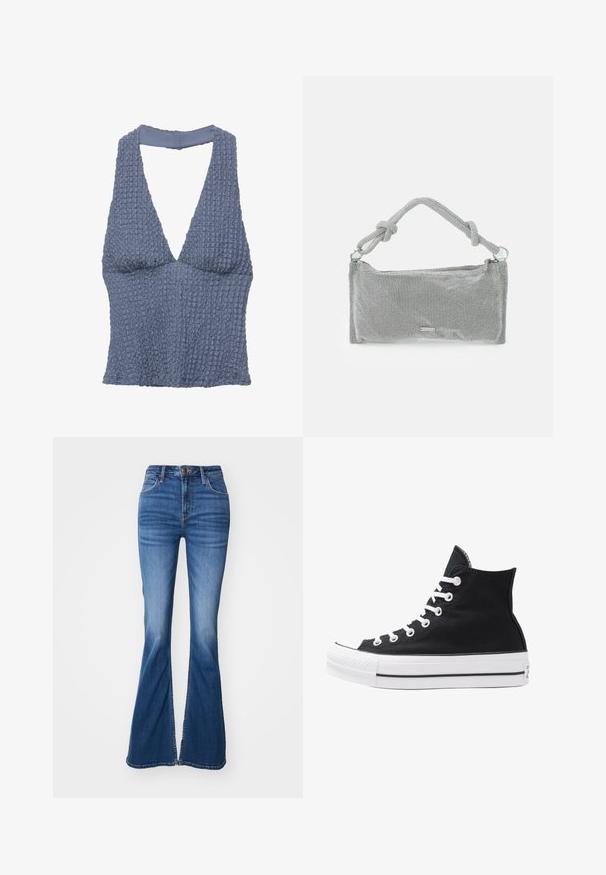 Sininen rakenteellinen toppi syvällä V-päällä ja leveillä olkaimilla, valmistettu kudotusta kankaasta, jolla on hieman rypistyneen näköinen pinta.; Siniset farkut leveällä lahkeella ja keskivahvalla pesulla, joissa on kontrastiväriset tikit, viisi taskua ja etu-napitus.; Korkean ylösulkeutuvan mustan kankaan lenkkitossun, jossa on valkoiset rei'itykset, nauhat ja kumipohja. Sisältää teksturoituneen kärkitilan ja musta-valkoiset raidat.; Hopeinen verkkomallinen käsilaukku, jossa on solmittu kahva, suorakaiteen muotoinen, teksturoitu pinta ja vetoketjusuljenta. Yksinkertainen, moderni muotoilu, jossa on minimaaliset koristeet.