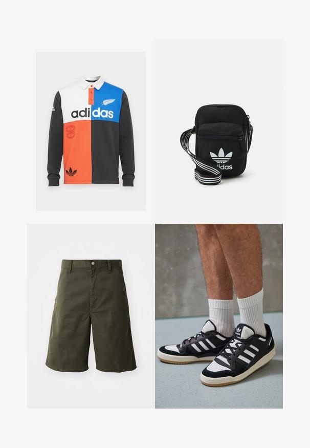 Värgbockad långärmad polo i svart, vitt, orange och blått, med krage, knapprad och framträdande Adidas-logotyp.; Vihreät puuvillahousut suoran lahjetta ja napin suljinta, joissa on sivutaskut. Suunnittelu on sileä ja polvipituinen.; Valkoiset ja mustat tennarit, joissa on mokkanahka- ja nahkapäällinen, kolme valkoista raitaa, rei'itetty kärki ja kumipohja.; Musta kangas olkalaukku vetoketjulla, jossa on valkoinen Adidas-logo ja raidallinen säädettävä hihna helppoa kantamista varten.