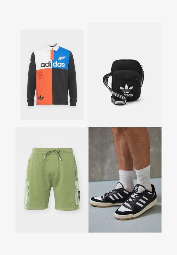 Krāsaini blokota garām piedurknēm polo krekls melnā, baltā, oranžā un zilā krāsā, ar apkakli, pogu aizdari un izteiksmīgu Adidas zīmolu.; Zaļi kokvilnas šorti ar elastīgu jostu un auklu. Iespējas divas sānu kabatas un strukturēti paneļu akcenti sānos.; Melnas un baltas kedas ar zamša un ādas augšdaļu, kas aprīkotas ar trim baltām svītrām, perforētu purngali un gumijas zolēm.; Melna auduma crossbody soma ar rāvējslēdzēja aizdari, kurai ir balts Adidas logo un svītrainas regulējamas siksnas ērtiem pārvietošanās veidiem.