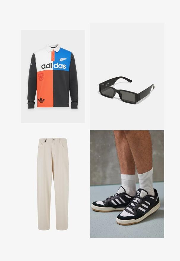 Barvni blokirani dolgi rokav polo majica v črni, beli, oranžni in modri barvi, z ovratnikom, gumbnim zapiranjem in opaznim Adidasovim logotipom.; Bež bombažne hlače s ravnim krojem, ki imajo sprednje žepe in gumbasto zapiranje. Gladka tekstura z minimalnimi detajli.; Črno-bele superge z zgornjim delom iz usnja in nubuka, ki imajo tri bele črte, perforiran vrh prstov in podplat iz gume.; Črne sončne očala z pravokotnimi lečami, mat plastični okvir in ravne robove. Izdelki imajo logotip blagovne znamke na notranji strani ročaja.
