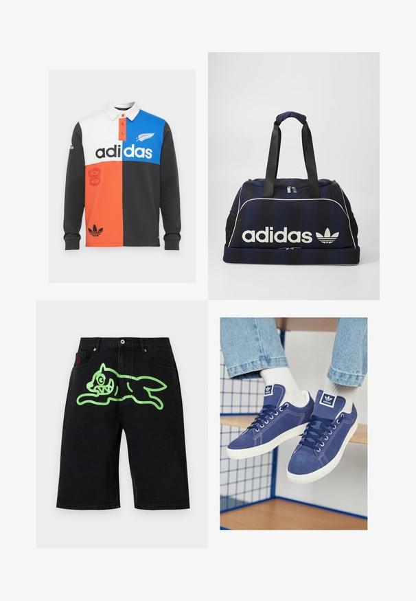 Dwukolorowa koszulka polo z długim rękawem w kolorach czarnym, białym, pomarańczowym i niebieskim, z kołnierzykiem, zapięciem na guziki i wyraźnym logo Adidas.; Icecream - Szorty jeansowe; Granatowe sneakersy Adidas wykonane ze zamszu, z białymi gumowymi podeszwami, okrągłymi noskami i naszywką z logo na języku. Widoczne jasnobiałe skarpetki.; Granatowa torba duffel z białym logo Adidasa, posiadająca zapinany na zamek górny otwór, dwa mocne czarne uchwyty oraz boczne kieszenie z siatki. Gładka faktura materiału.