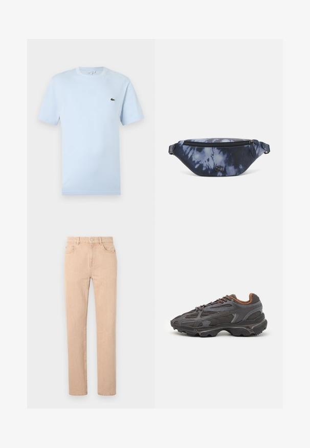 Camiseta de manga corta azul claro hecha de un suave material de algodón. Presenta un pequeño logo bordado de cocodrilo verde en el pecho.; Jeans rectos beige confeccionados en tejido de mezcla de algodón, con cremallera, trabillas para el cinturón y bolsillos frontales y traseros. Textura suave.; Zapatillas Lacoste en gris oscuro con material de malla y sintético, que cuentan con una suela texturizada y detalles en marrón en el cuello y la marca.; Riñonera en estampado de tie-dye azul oscuro con cremallera en la parte superior, material texturizado y un detalle de logotipo prominente en la parte frontal.