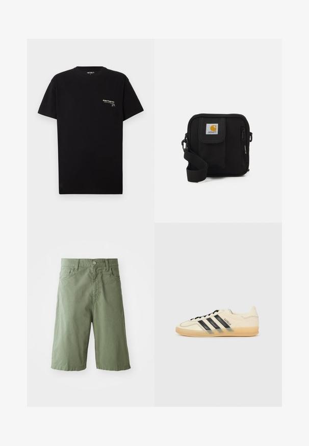 Czarna bawełniana koszulka z krótkim rękawem, okrągłym dekoltem i małym białym logo nadrukowanym na lewej części klatki piersiowej.; Zielone bawełniane spodenki o luźnym kroju, z dwoma przednimi kieszeniami, z guzikiem i długością do połowy łydki. Gładka tekstura.; Jasna kremowa sneakersy z czarnym wzorem trzech pasków, teksturowana cholewka, okrągły nosek i gumowa podeszwa. Posiada sznurówki i logo po boku.; Czarna torba na ramię z zamykaną na zamek główną komorą, przednią kieszenią, regulowanym paskiem oraz widoczną łatką z logo na klapie.